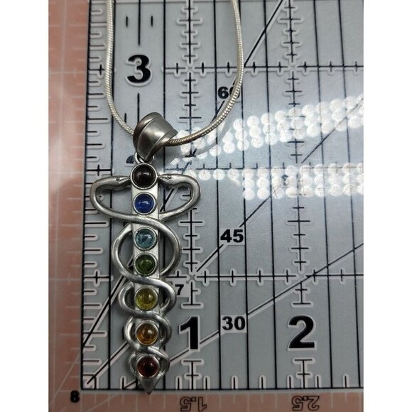 Chakra Healing Caduceus Pendant Necklace Faux Gemstones 35" Chain Silver Tone - Picture 4 of 16